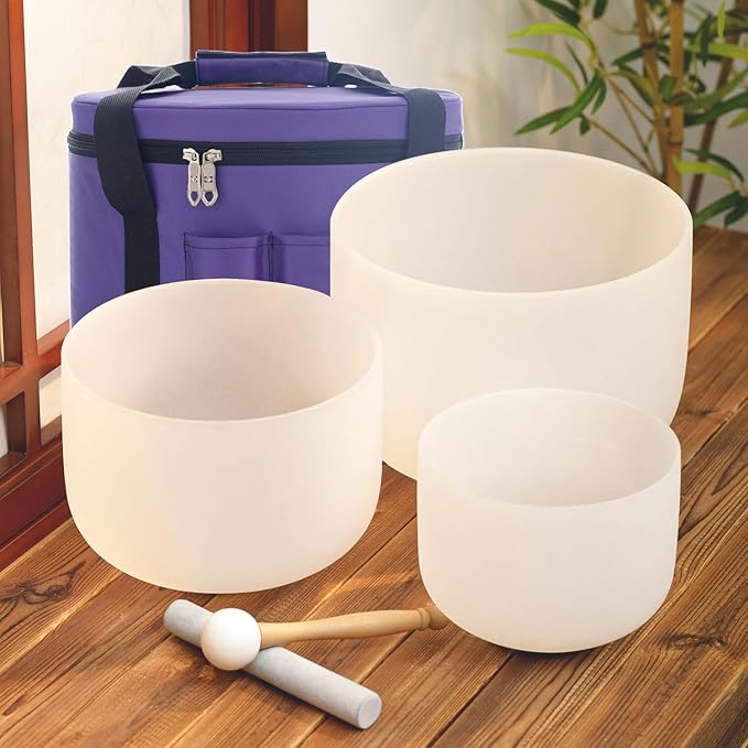 KVKA Set of 3pcs Chakra Frosted Quartz Crystal Singing Bowls Set 8-12 inch with Carrying Case - 12''C 10''F 8''B for Yoga Sound Healing