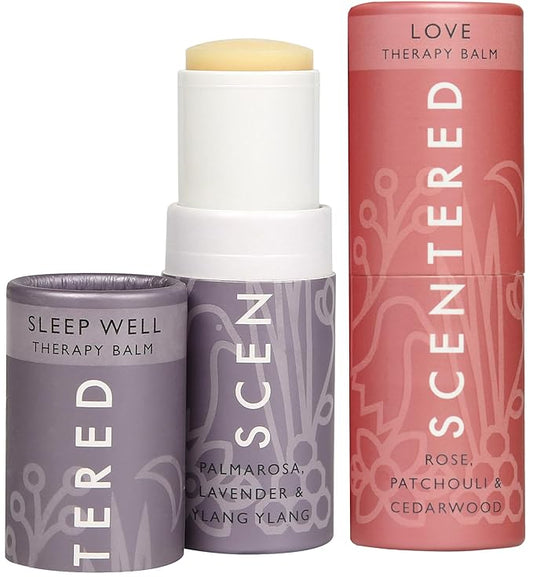 Scentered Aromatherapy Balm Stick Duo for Sleep & Emotional Balance - Roll On Essential Oil Blends of Rose, Lavender, Ylang Ylang - Aromatherapy Gifts for Women - Sleep Well & Love - Bloomnest