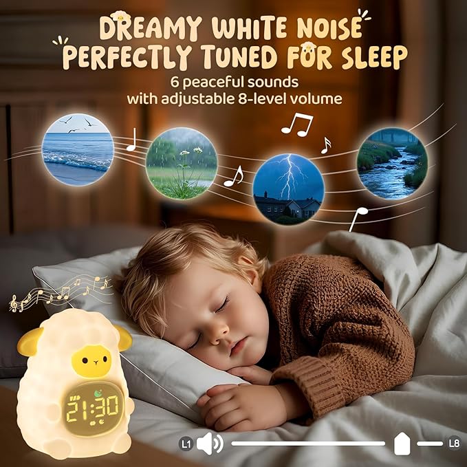 Sheep Alarm Clock with Night Light for Kids with Sleep Training and Sound Machine, Rechargeable Silicone Lamp OK to Wake Clock，Cute Animal Tabletop Lamp, Perfect Sleep Companion for Boys Girls - Bloomnest