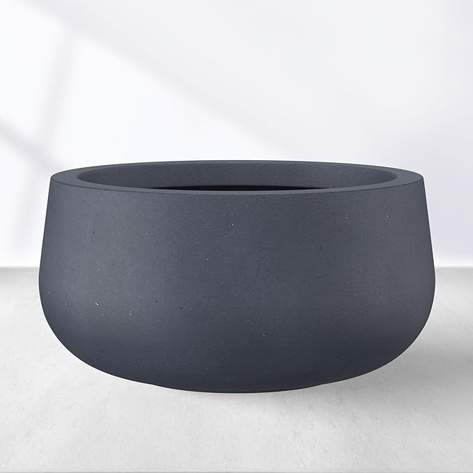 Kante 15.7" Dia Round Concrete Planter, Cement Plant Pots with Drainage Hole and Rubber Plug for Outdoor Indoor Garden Home, Modern Curvaceous Design, Dark Gray - Bloomnest