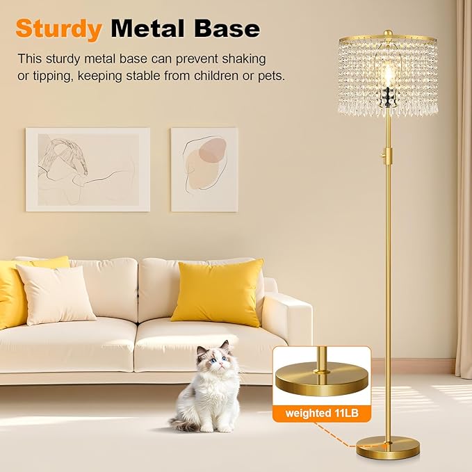 【Upgraded】 Dimmable Floor Lamps for Living Room, 1000LM LED Bulb Included, Standing Lamp with Crystal Lampshade, Tall Gold Pole Light for Bedroom Nursery Office Corner Reading - Bloomnest
