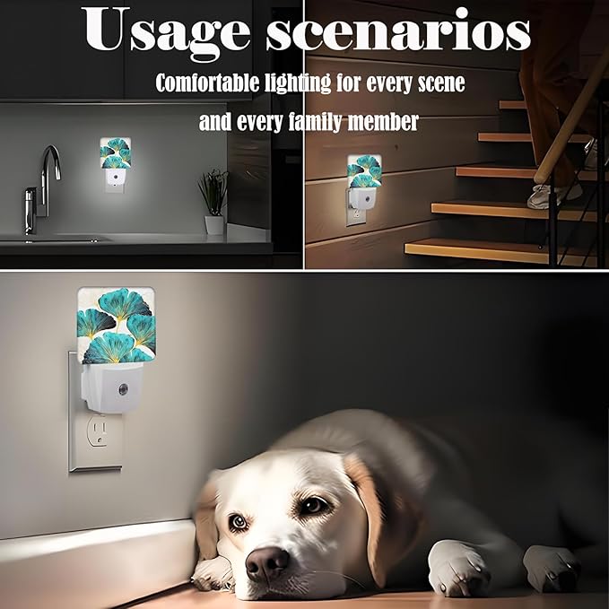 Green Ginkgo Leaves Night Light,Plug Into Wall Decor for Stairway,Hallway,Kitchen,Dusk to Dawn Sensor Nightlights for Boys/Girls/Women/Men Room Gifts - Bloomnest