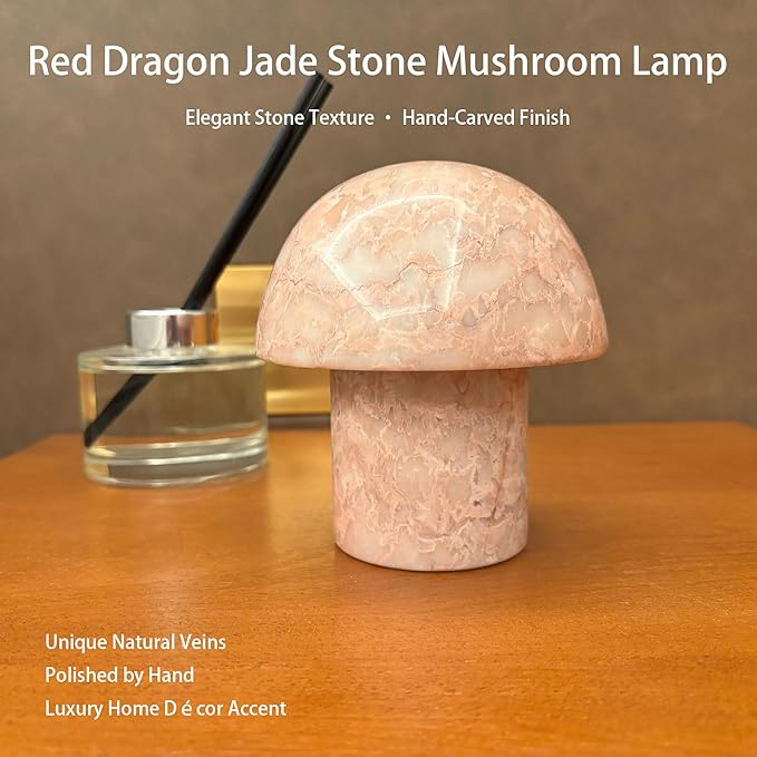 Marble Mushroom Table Lamp - Small Rechargeable USB-C Cordless Touch-Dimmable Night Light, Hand-Polished Natural Stone, 4.3"x4.7" - Bloomnest