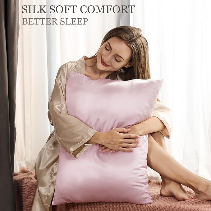 Adubor Silk Pillowcase 2 Pack for Hair and Skin with Hidden Zipper, Both Sides 23 Momme Silk Pillow Case (Pink, Standard: 20''x26'') - Bloomnest