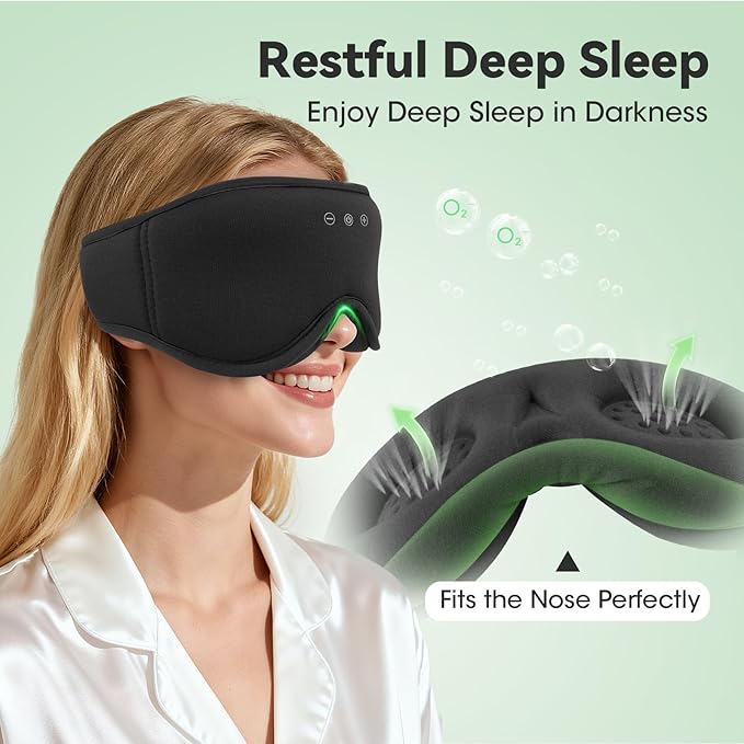 3D Bamboo Cotton Sleep Mask with Bluetooth 5.4 Headphone, Music Wireless Bluetooth Blackout Eye Mask for Side Sleepers, Earphones HD Speaker Microphone for Travel, Gifts for Women Men, Black - Bloomnest
