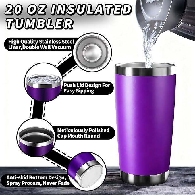 1 Pack 20oz Stainless Steel Tumbler with Lid, Leakproof Double Wall Travel Mug for Hot/Cold Drinks, Home Office Outdoor Party Use, Durable Powder Coated Insulated Cup/Purple - Bloomnest