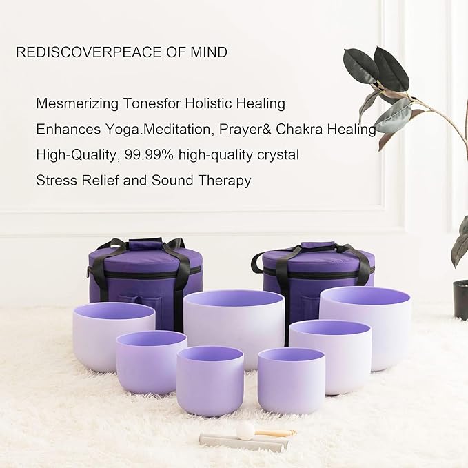 Hye-eun 432hz Purple Crystal Singing Bowls Set of 7Pcs Quartz Frosted Sound Chakra Bowls with Carrying Case for Yoga Meditation Healing Percussion Instruments - Bloomnest