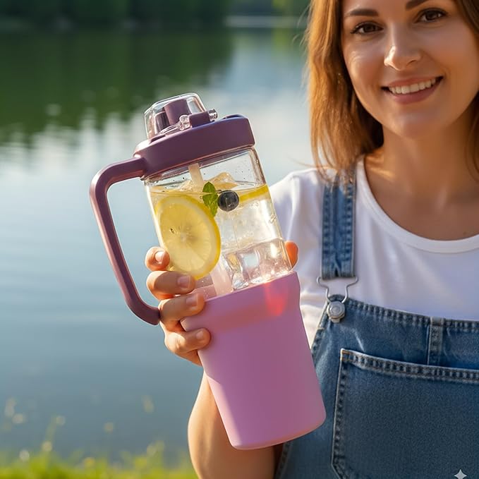 32 oz Glass Tumbler with Handle, 2-in-1 Straw and Sip Spout, Leakproof, BPA-Free Glass Water Bottle for Sports, Office, School, Lilac - Bloomnest