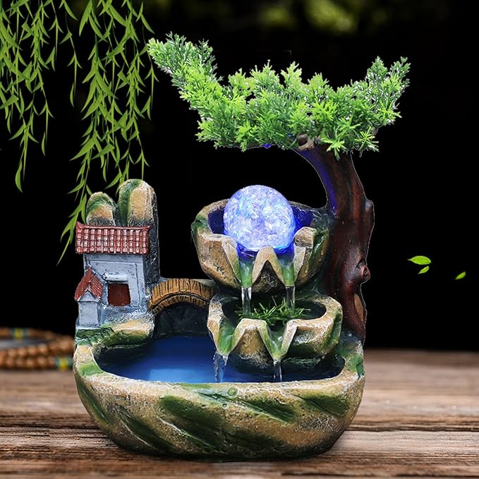Small Bonsai Humidifier Mini Tabletop Waterfall Fountain with LED Color Night Light and Atomizer, Desktop Water Fountains Indoor Home Decor or Festival Birthday Gift for Girls Boys, 10 Inch - Bloomnest