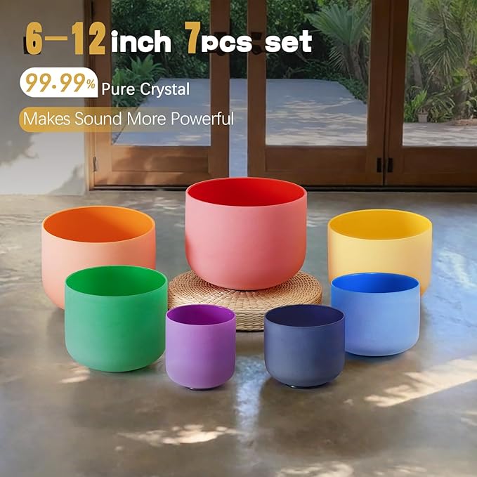 CVNC Set Of 7 PCS 440HZ 6-12 Inch Colored Frosted Chakra Quartz Crystal Singing Bowls Sound Healing Instrument with 2 PCS Travel Carry Case Bag for Meditation - Bloomnest