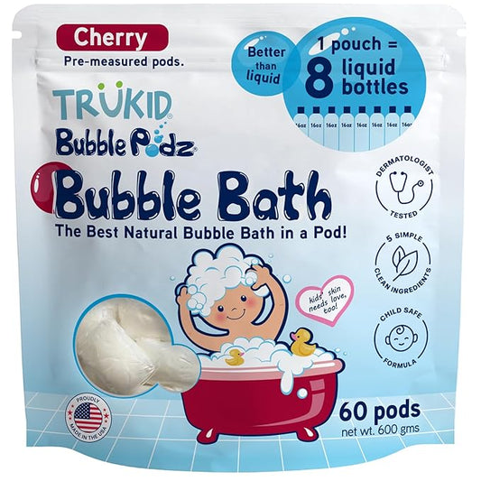 TruKid Bubble Podz Bubble Bath for Kids, Toddlers, & Babies, Tear Free Gentle & Refreshing Bath Bomb for Sensitive Skin with Natural Moisturizers, Non-Toxic, pH Balanced, Cherry Scent (60 Podz) - Bloomnest