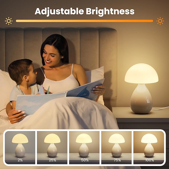 Mushroom Lamp Small Vintage Table Light, Mini Modern Lamp Bedside Nightstand LED, Small Light Dimmable for Bedroom, Living Room, Ceramic Base Glass Led Home Decor for Woman Gifts - Bloomnest