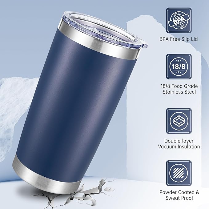 20 oz Tumbler Stainless Steel Tumblers with Lid Double Wall Vacuum Insulated Coffee Mug 20oz Powder Coated Cup for Hot and Cold Drinks, Navy, 1 pack - Bloomnest