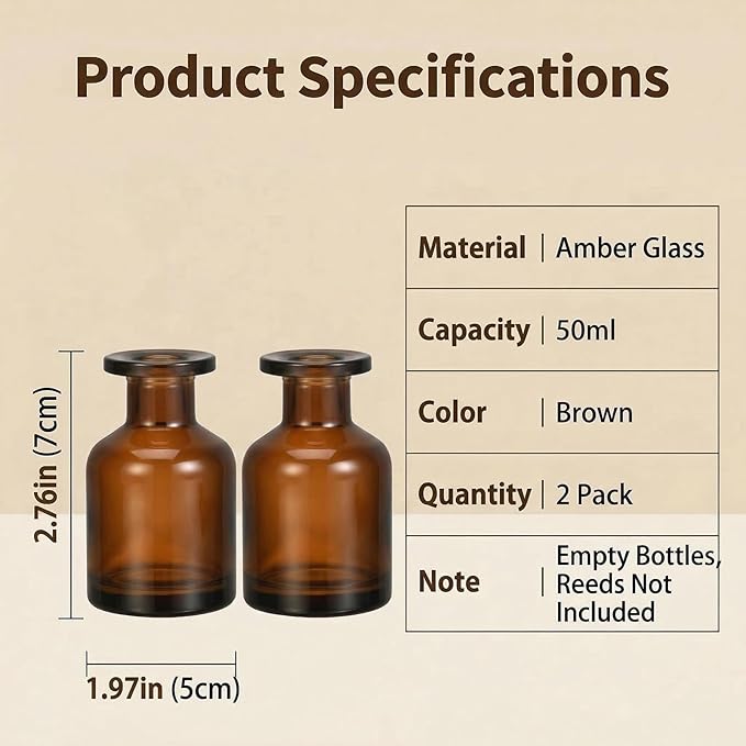 2 Pcs 50ml 1.7oz Glass Aromatherapy Diffuser Bottles Diffuser Jars Essential Oils Jar Containers Flower Bud Vases DIY Replacement Aromatherapy Diffuser Crafts Fragrance Accessories(Amber) Bloomnest