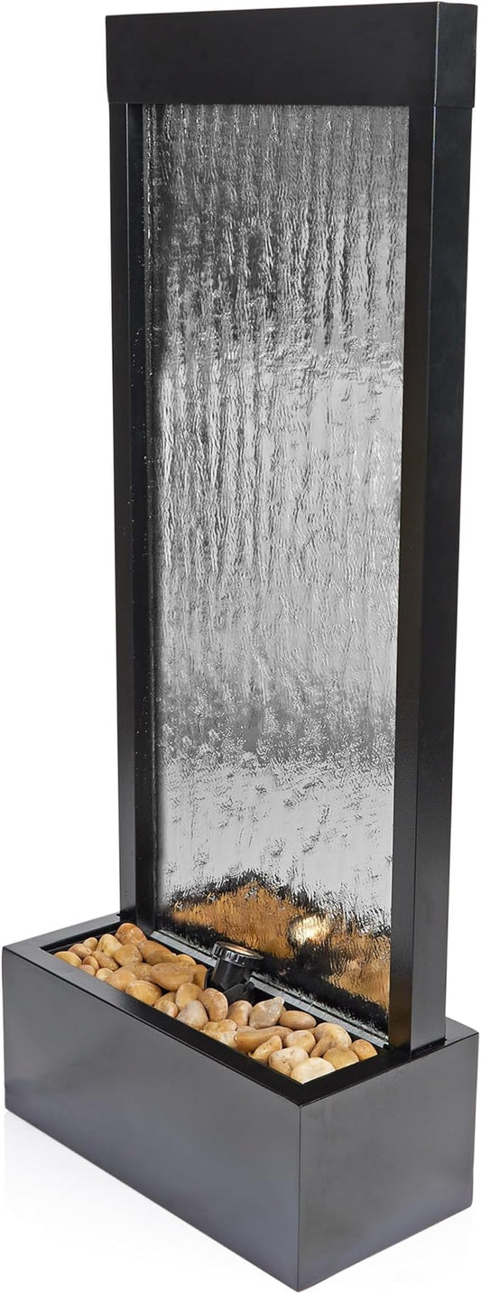 Alpine Corporation - Mirror Waterfall Fountain with Stones & Lights - Zen Indoor/Outdoor Decor for Office, Living Room, Patio, Entryway - 48 Inches (Silver) - Bloomnest