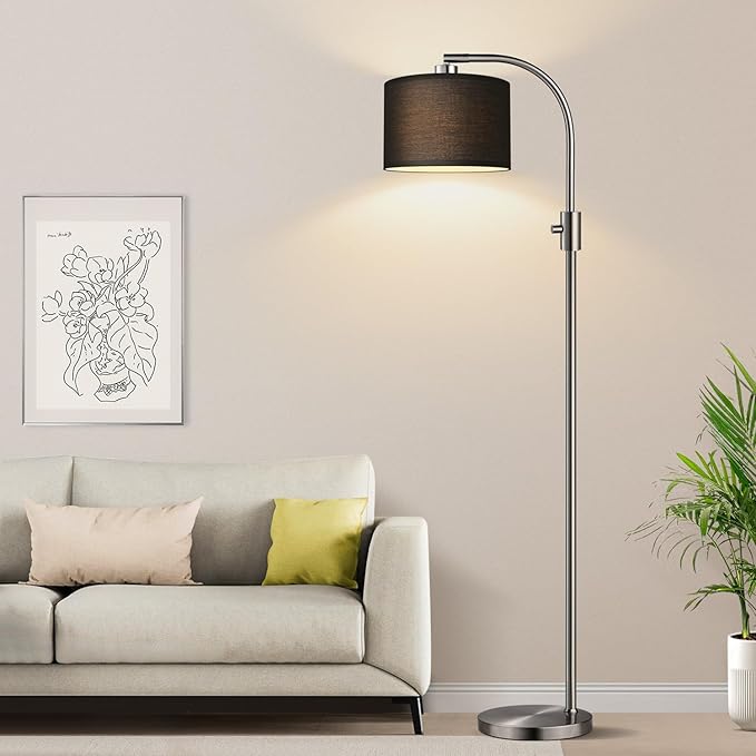 【Upgraded】 Dimmable Floor Lamp, 1200 Lumens LED Bulb Included, Brushed Nickel Arc Floor Lamps for Living Room Modern Standing Lamp with Black Shade, Tall Lamp for Living Room Bedroom Office Office - Bloomnest