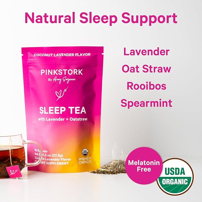 Pink Stork Organic Sleep Tea - Melatonin-Free - Calming Lavender Coconut Herbal Tea to Naturally Support Sleep - Pregnancy Friendly Bedtime Tea, Caffeine-Free - 15 Sachets, Hot or Iced - Bloomnest