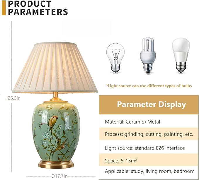 Green Flower and Bird Ceramics Table Lamp 25.5" Chinoiserie Lamp American Handmade Beige Linen Drum Shade Decor for Living Room Bedroom House Bedside Home - Bloomnest