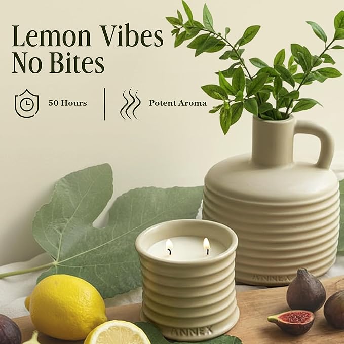 Scented Luxury Citronella Candles outdoor, Mosquito Bug Repellent | Handmade Ceramic Jars, Soy Wax | Cloudy Pillow - Fig Leaf & Lemon, Large Natural Candle | Non Toxic, 2 Wicks, Reusable Big Beige Jar - Bloomnest
