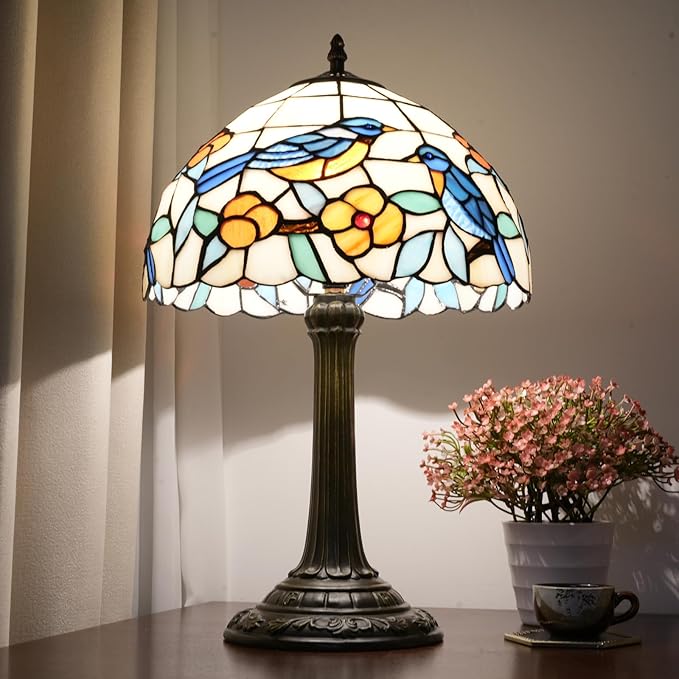 Hummingbird Lamp Stained Glass Table Lamp Tiffany Lamps for Bedroom Living Room Bedside Home Office Vintage Style Bird Flower Farmhouse Hotel Bar Decor Night Stand Desk Reading Light 12x12x19 Inch - Bloomnest