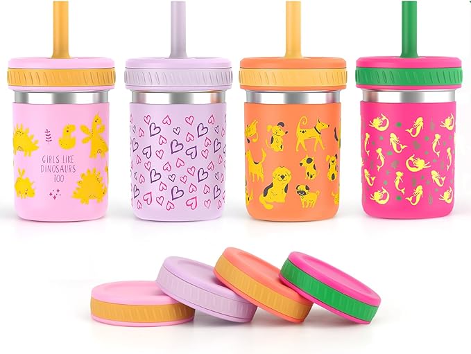 Sursip 10 oz Stainless Steel Kids Cups with Silicone Sleeves & Straws | Spill-Proof Sippy Cup for Drinks & Snacks, Smoothie Cups for Toddlers, BPA-Free, Dishwasher Safe - Bloomnest