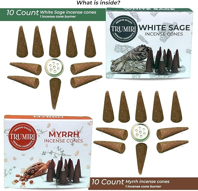 TRUMIRI Incense Cones - Combo Pack of 20 Cone Incense - 10 White Sage + 10 Myrrh TRUMIRI