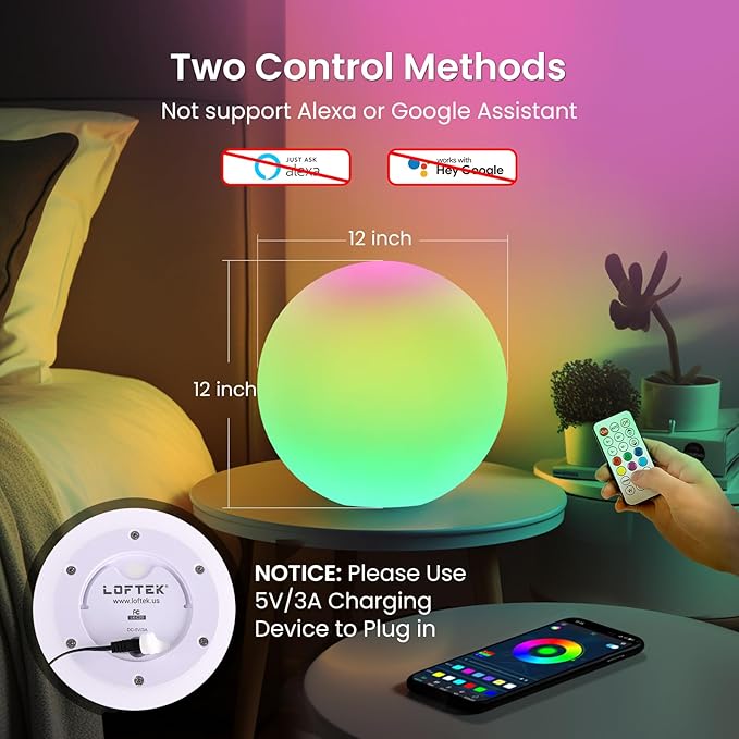 LOFTEK Color Changing Night Light, Smart LED Lamp with Bluetooth APP and Remote Control, Music Sync, 220 Scene Modes, 12-inch RGB Ball Mood Lighting for Living Room, Bedroom Event(Corded Electric) - Bloomnest