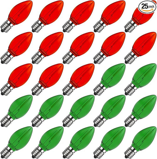 Meconard C7 Led Replacement Christmas Light Bulb, C7 Shatterproof Led Bulbs for Christmas Indoor Outdoor String Lights, E12 Candelabra Base Red Light Bulbs Green Light Bulb, 25 Pack - Bloomnest