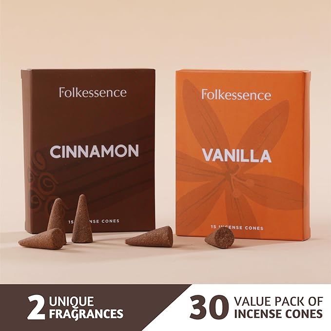 Folkulture Incense Cones (30 Cones) | Set of 2 Premium Insence Cones for Energy, Healing, Aromatherapy Gifts | No Charcoal, Organic, Non Toxic Vanilla & Cinnamon Scented Inscents-Cones FOLKULTURE