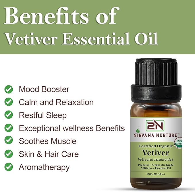 Vetiver Essential Oil, USDA Certified Organic, 100% Pure Undiluted, Aromatherapy Oil for Diffuser, Hair & Skin Care NirvanaNurture