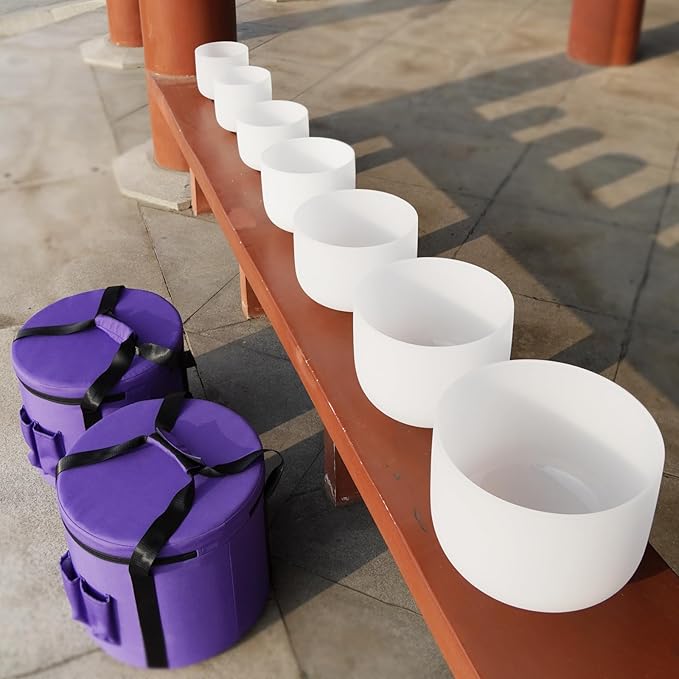 KVKA 6-12 Inch 432hz Crystal Bowls Set of 7Pcs C D E F G A B with Carrying Cases and Suede Stickers,O-Ring for Yoga Sound Healing