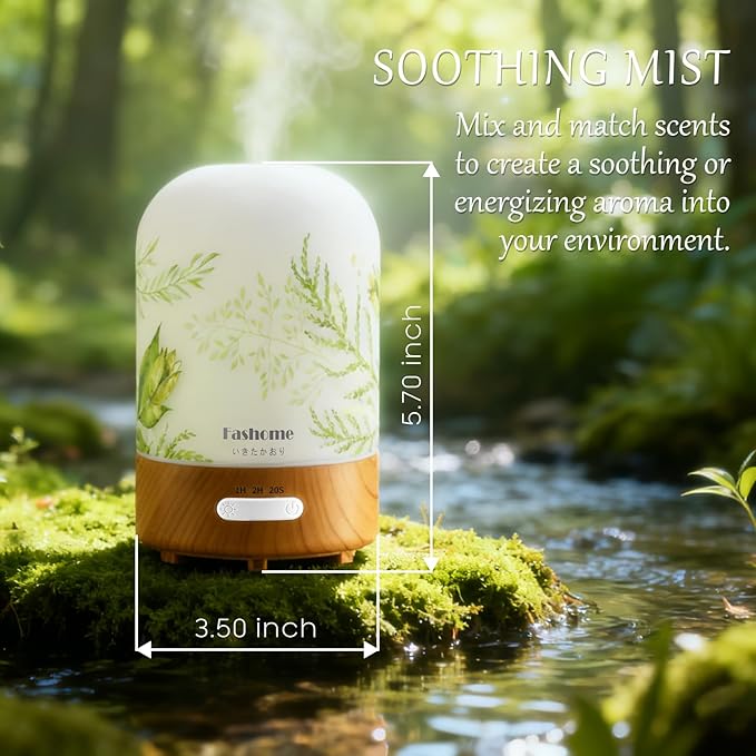 Essential Oil Diffuser Hand Blown Glass, 100ml Small Aromatherapy Diffuser, Auto Shut-Off Function, Ultrasonic Diffusers for Essential Oils, Cool Mist Humidifier with Warm White Lights (Jasmine) - Bloomnest