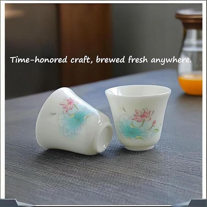 Lotus-Painted Chinese Gongfu Porcelain Tea Set: 6 Teacups & 1 Teapot. Made of Chinese/Japanese-style porcelain, ideal as a gift for business occasions & holidays (Lotus Design) - Bloomnest