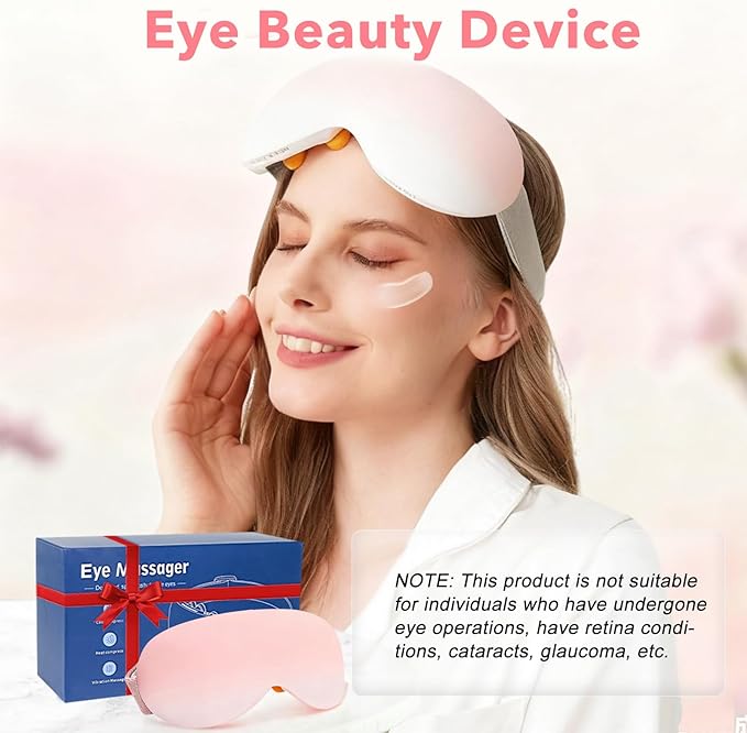 Eye Massager with Heat and Cooling for Migraines – 14 Massage Nodes for Eye Strain Relief, Rechargeable Bluetooth Music, Improve Sleep,Eye Strain Relief, Birthday Gifts for Women and Men(Pink) Bloomnest
