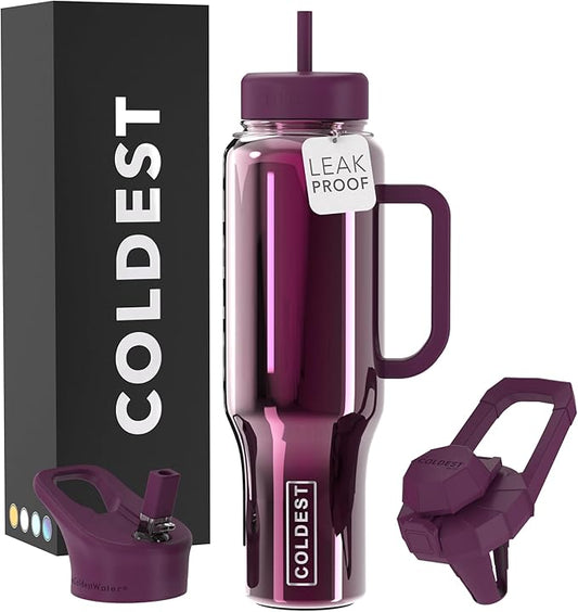 Coldest Tumbler with Handle and Straw, 100% Spill Proof Tumbler with Straw (3 Lids), Stainless Steel Insulated Leakproof Tumblers for Women Men, Cup Holder Friendly, 46 oz (Purple Lantern Reflections) - Bloomnest