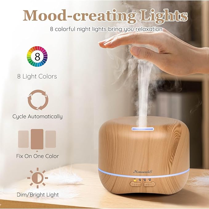 Homeweeks 300ml Essential Oil Diffuser, Quiet Aromatherapy Mist Diffusers for Essential Oils, Wood Grain, Ultrasonic, Remote Control, Timer, 7 Colors Light for Bedroom (300ml Yellow Wood Grain) - Bloomnest