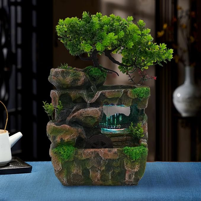 11.8" Tabletop Rockery Fountain, Tabletop Fountain Ornament W/LED, Tabletop Rockery Water Fountain, Indoor Water Fountain Rockery Ornament, Waterfall Rockery Water Fountain Desktop for Home Office - Bloomnest