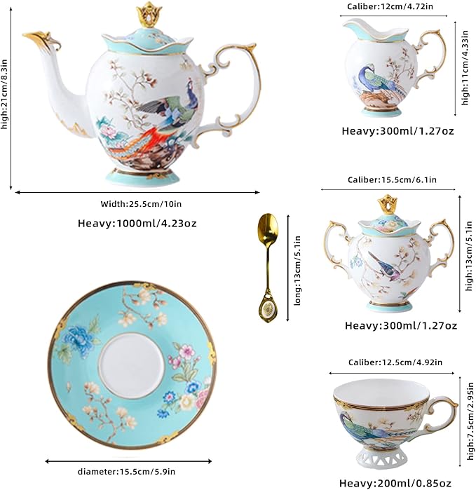 ACMLIFE Fine Bone China Tea Set with Teapot, Porcelain Tea Sets for Adults, 21-Piece Vintage Tea Set for 6, 24K Gold Blue English Floral British Bone China Tea Sets for Women Tea Party for Gifts - Bloomnest