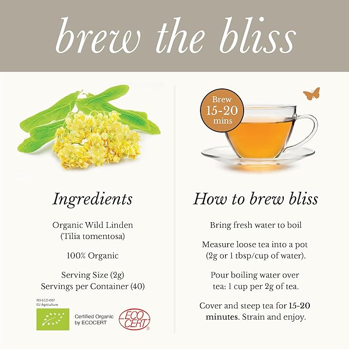 Wild Bliss Organic Linden Flower Tea - Caffeine Free Loose Leaf Calming Herbal Tea - 1.76 Ounces - 40 Servings - Bloomnest