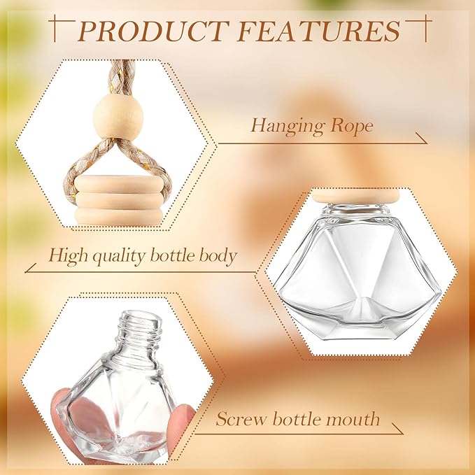 Rtteri 100 Pcs Hanging Car Air Freshener Diffuser Bottles Empty Glass Perfume Diffuser Vials Refillable Oil Aromatherapy Pendant with Wooden Caps and Hanging String for Car Home Office Decor(Diamond) - Bloomnest