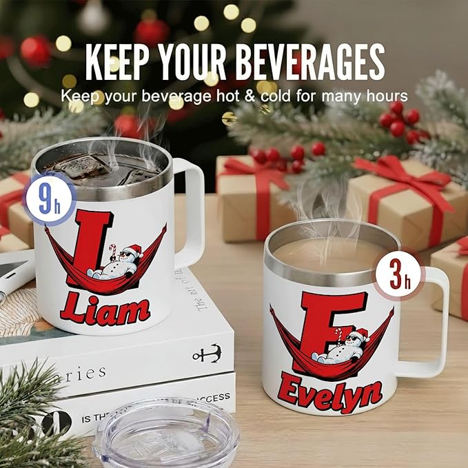 JugJug Personalized Christmas Mug with Initial & Name - Funny Chilling Snowman 12oz Insulated Coffee Cup w/Lid - Cool Xmas Gifts for Kids, Boys (B173) - Bloomnest