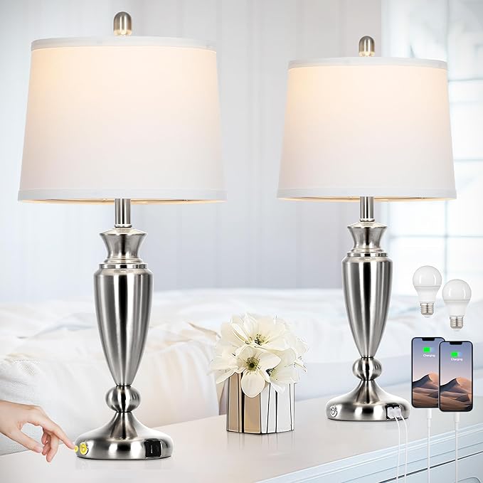 Metal Table Lamps Set of 2, 3 Way Touch Control Silver Bedside Lamps with USB A+C Ports, Modern Brushed Nickel Nightstand Lamps for Bedroom Living Room - Bloomnest