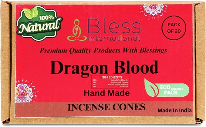 Bless-International Dragon Blood 100%-Natural-Incense-Cones Handmade-Hand-Dipped Organic-Chemicals-Free for-Purification-Relaxation-Positivity-Yoga-Meditation The-Best-scents (20 Count)