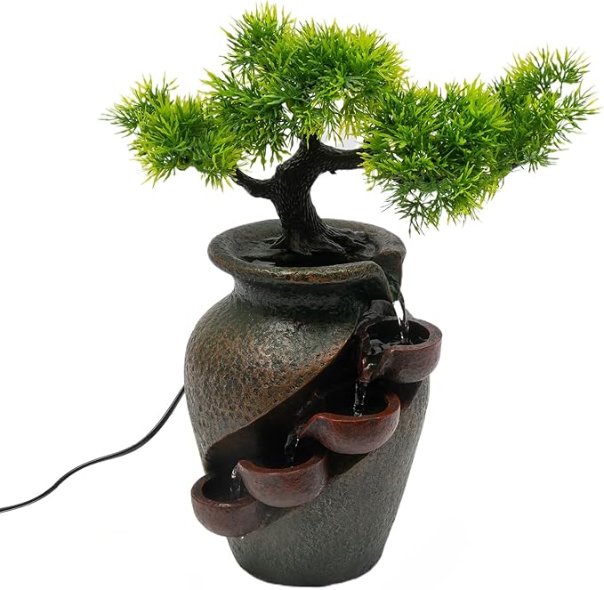 Decorative Indoor Tabletop Fountain, 15.7in Tabletop Wateall Vase Fountains with Simulation Tree Flowers for Living Room, Bedroom, Dining Room (Pine Tree) - Bloomnest