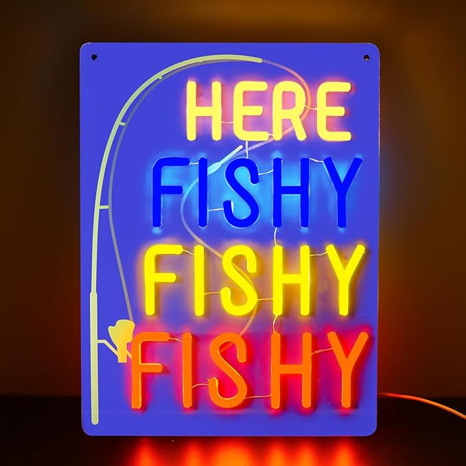 Funny Here Fishy Neon Sign Dimmable Fish Neon Light Wall Decor for Fishing Gear Store,Game Room, Man Cave Gift Art for Fishing Enthusiast-15.9 x 12.1IN-USB Powered-Acrylic - Bloomnest
