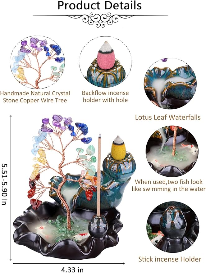 Jovivi Backflow Incense Burner Ceramic Incense Waterfall,7 Chakra Stones Healing Crystal Money Tree Incense Holder for Wealth, Good Luck, Yoga Meditation, Home Decor - Bloomnest