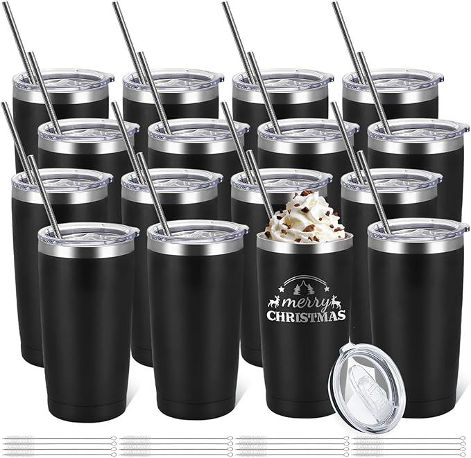 YOUKE OLA 16 Pack Stainless Steel Tumbler Bulk Insulated Vacuum Travel Mug Powder Coated Coffee Mug Gift for Laser Engrave, 20oz Black - Bloomnest