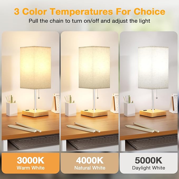 aooshine Wood Grain Small Table Lamp for Bedroom - 3 Color Temperature 3000K 5000K 4000K Bedside Lamp, Pull Chain Control, USB A and C Ports, Bulb Included - Bloomnest