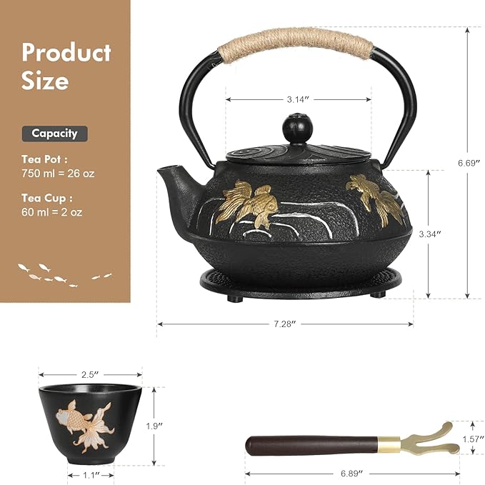RekRang Hand-Painted Goldfish Cast Iron Teapot Set,Japanese Cast Iron Tea Kettle Set with Removeable Infuser and 4 Stainless Steel Cups,Traditional Tetsubin Tea Pot Sets for Stovetop 750ml/26oz - Bloomnest