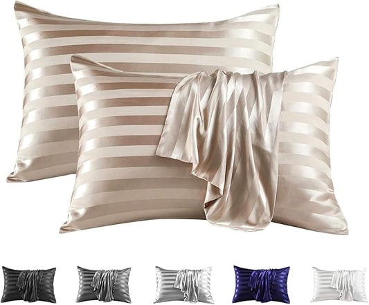 MR&HM Satin Pillowcase for Hair and Skin, Silk Satin Pillowcase 2 Pack, King Size Pillow Cases Set of 2, Silky Pillow Cover with Envelope Closure (20x36, Champagne Striped) - Bloomnest